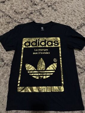 adidas Black T-Shirt with Metallic Gold Trefoil Graphic
